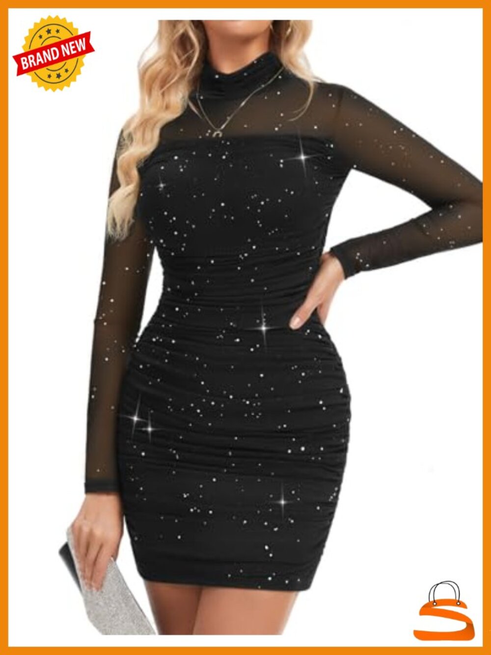 Ruched Bodycon Mini Dress Sheer Mesh Long Sleeve Mock Turtleneck Sequin Club